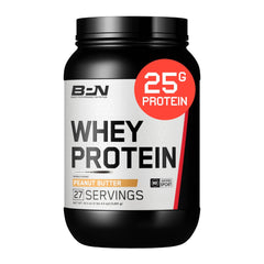 BARE PERFORMANCE NUTRITION bote frontal Peanut Butter mostrando 27 porciones y 25g proteína