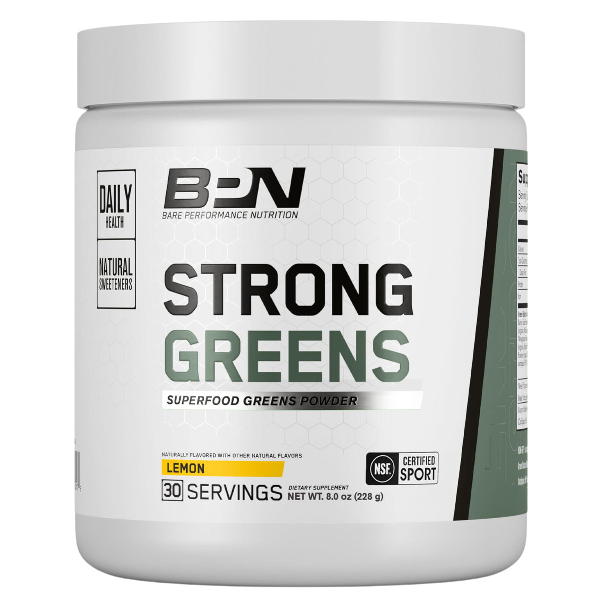 BARE PERFORMANCE NUTRITION envase frontal Strong Greens limón, fácil identificación y conveniencia