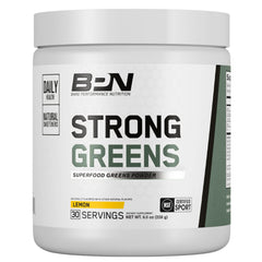 BARE PERFORMANCE NUTRITION envase frontal Strong Greens limón, fácil identificación y conveniencia