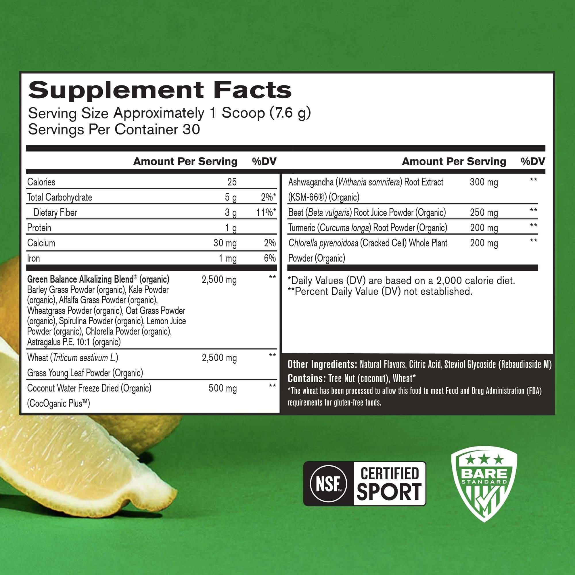 BARE PERFORMANCE NUTRITION textura del polvo Strong Greens, mezcla fina para disolución rápida
