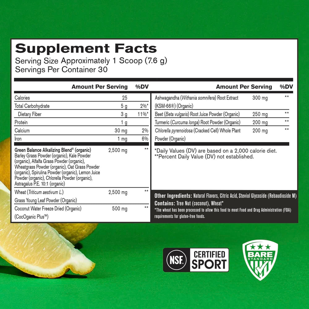 BARE PERFORMANCE NUTRITION textura del polvo Strong Greens, mezcla fina para disolución rápida
