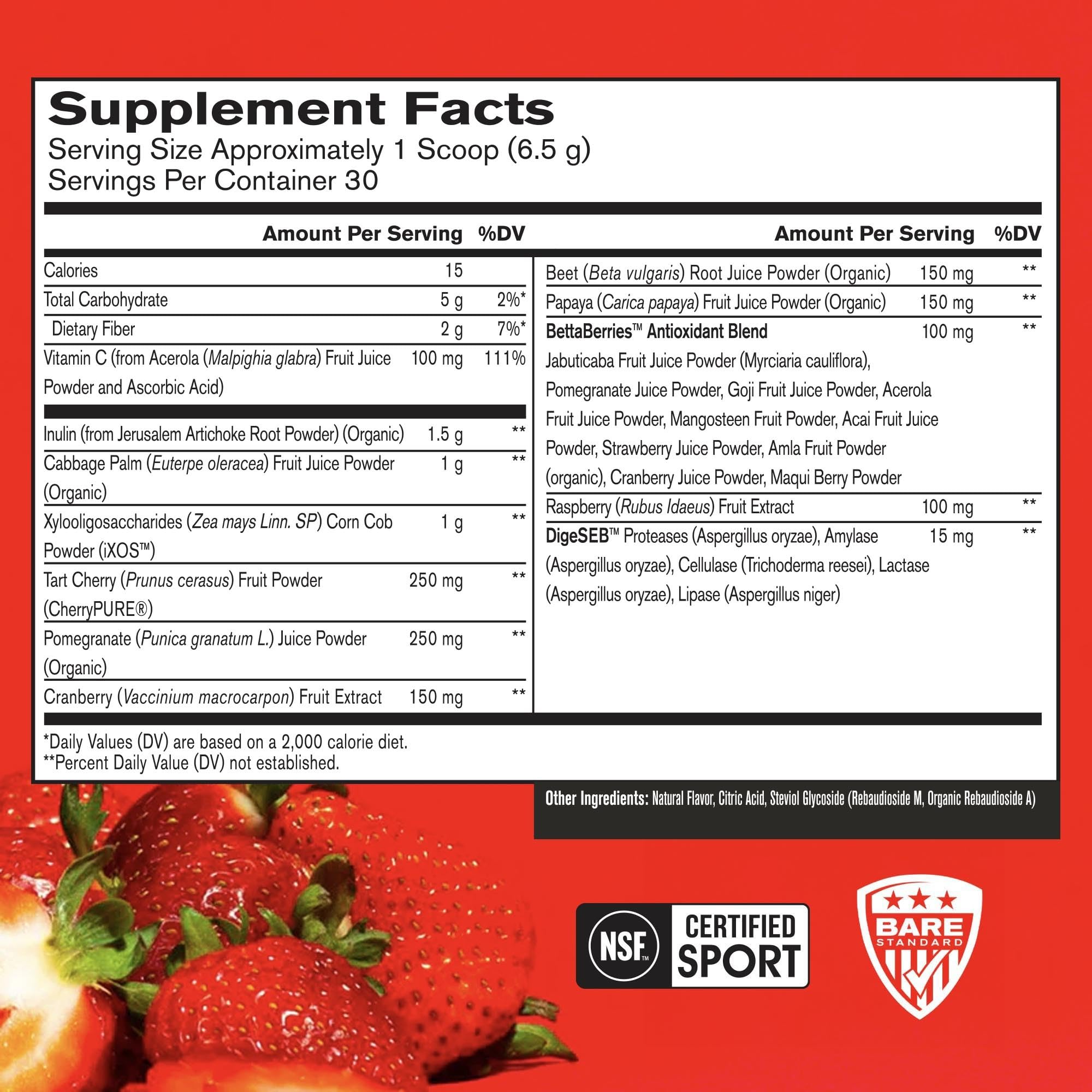 BARE PERFORMANCE NUTRITION textura del polvo rojo destacando mezcla fácil