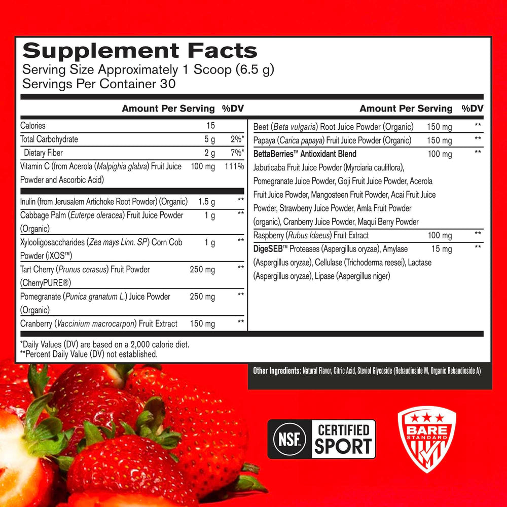 BARE PERFORMANCE NUTRITION textura del polvo rojo destacando mezcla fácil