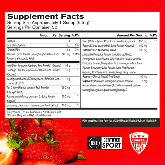 BARE PERFORMANCE NUTRITION textura del polvo rojo destacando mezcla fácil