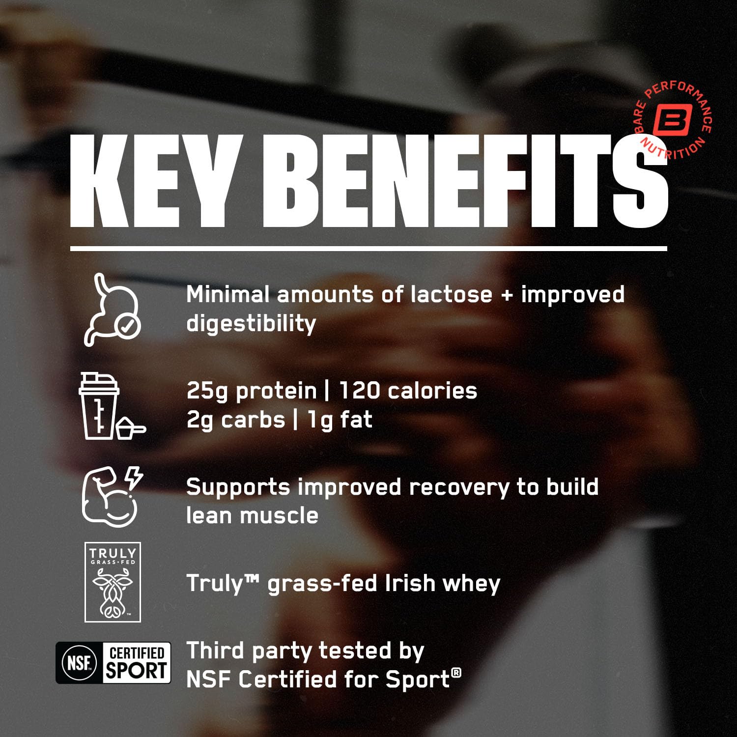 BARE PERFORMANCE NUTRITION etiqueta con certificados NSF y origen irlandés verificado