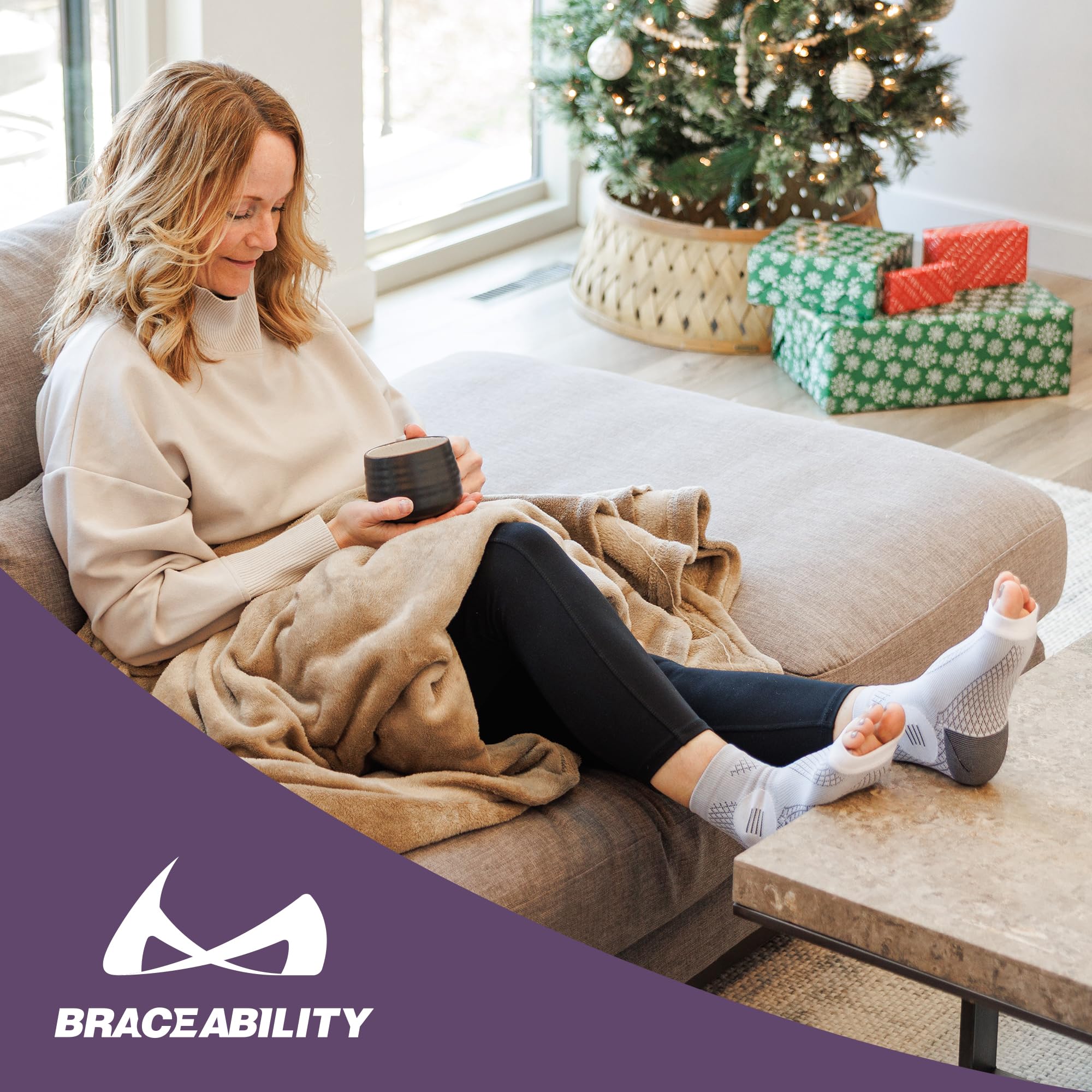 BraceAbility etiqueta con talla y material, guía visual de ajuste