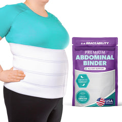 BraceAbility faja abdominal frontal mostrando cobertura y soporte postoperatorio