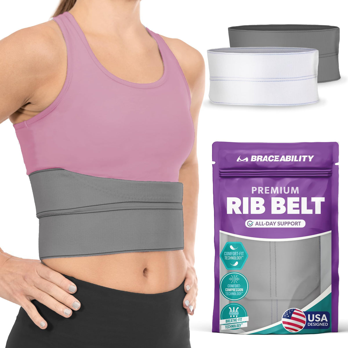 BraceAbility faja frontal empaquetada mostrando diseño y ajuste cómodo