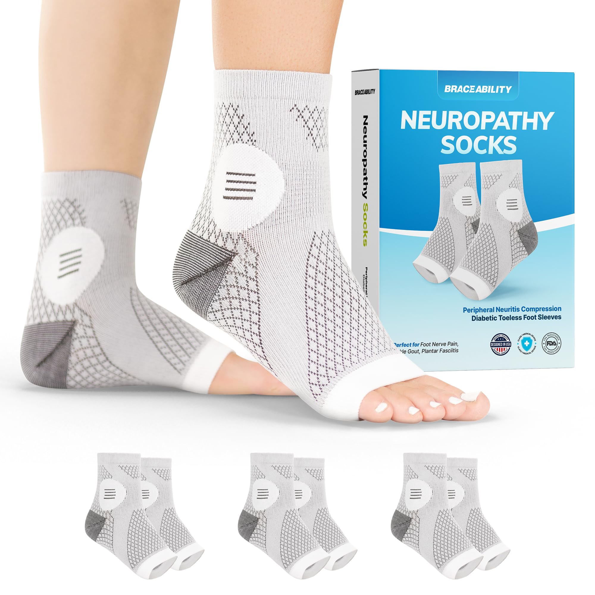 BraceAbility empaque frontal mostrando los 3 pares y conveniencia