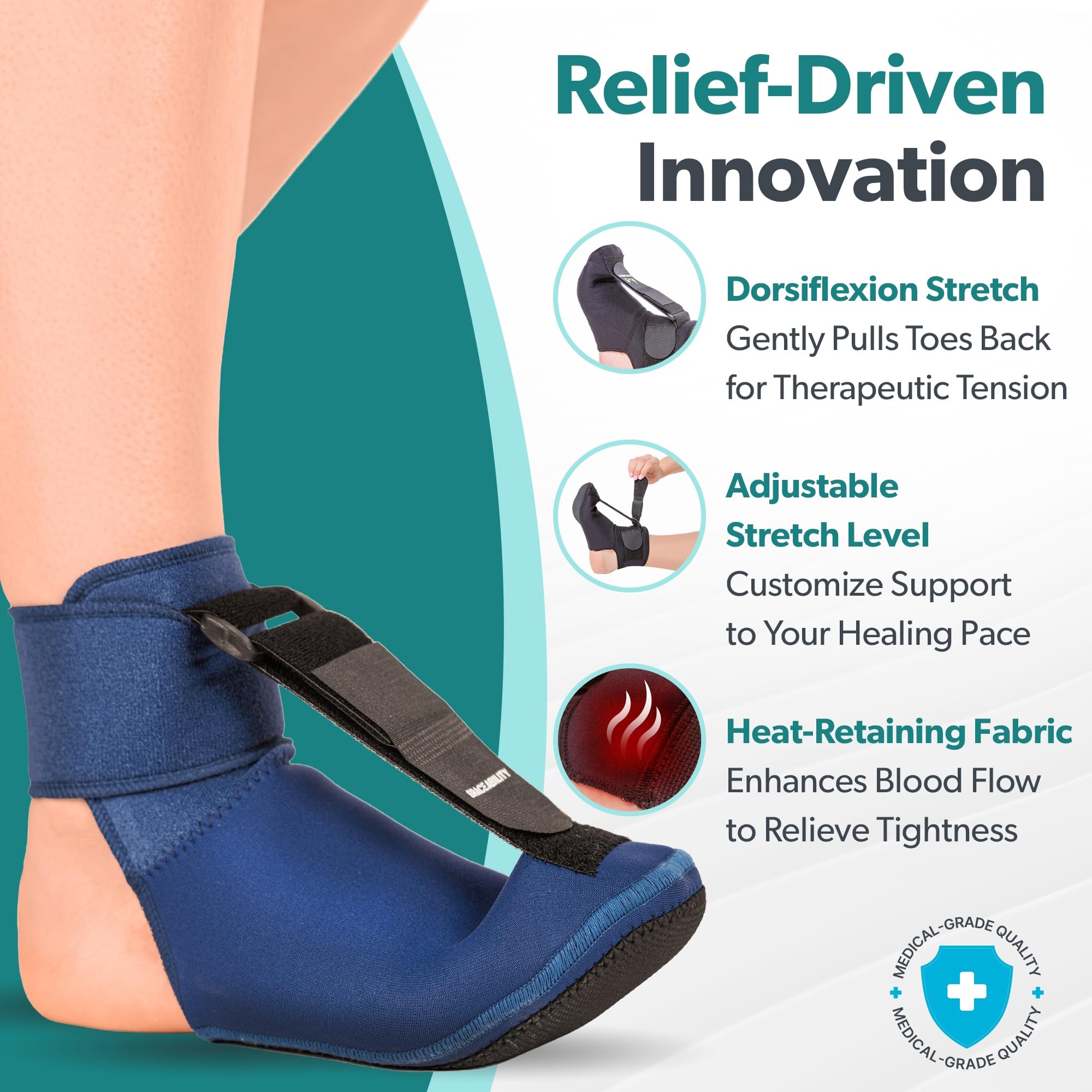 BraceAbility vista lateral puesto en pie ilustrando la dorsiflexión cómoda