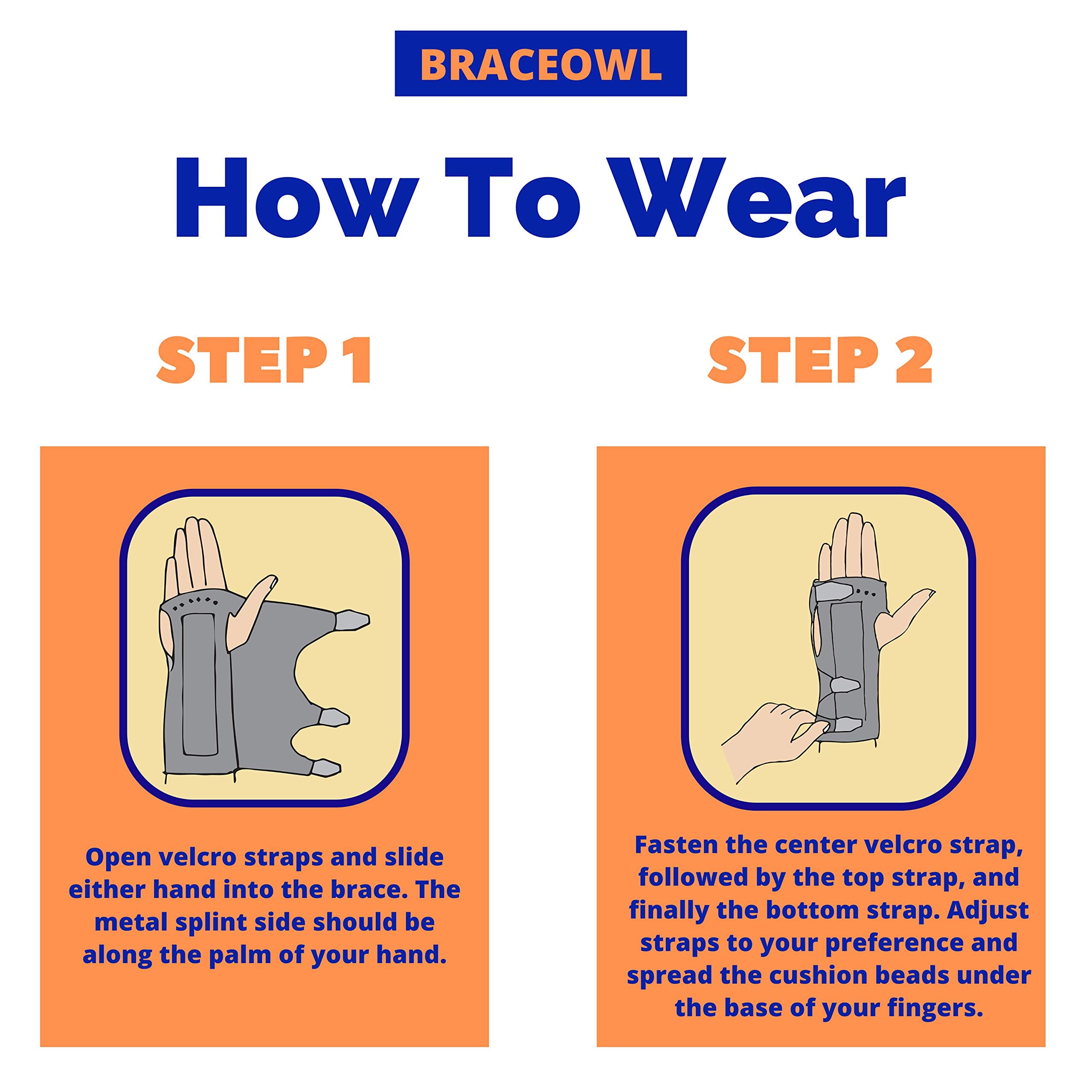 BRACEOWL comparación de tamaño junto a mano para guía de ajuste