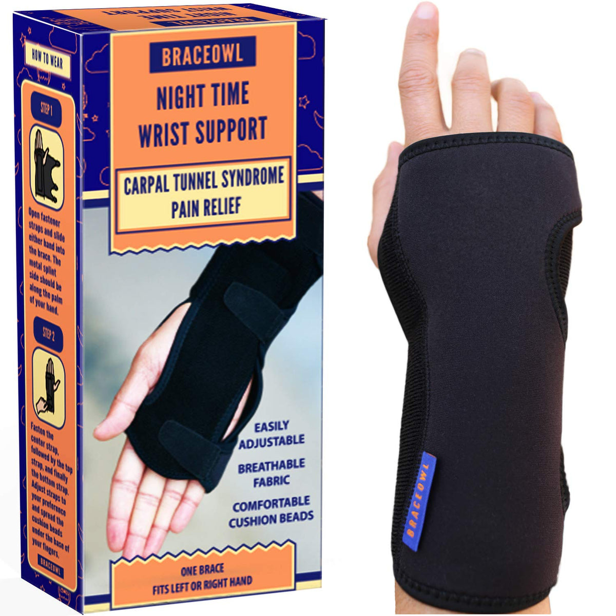 BRACEOWL empaque frontal mostrando producto y beneficios visibles