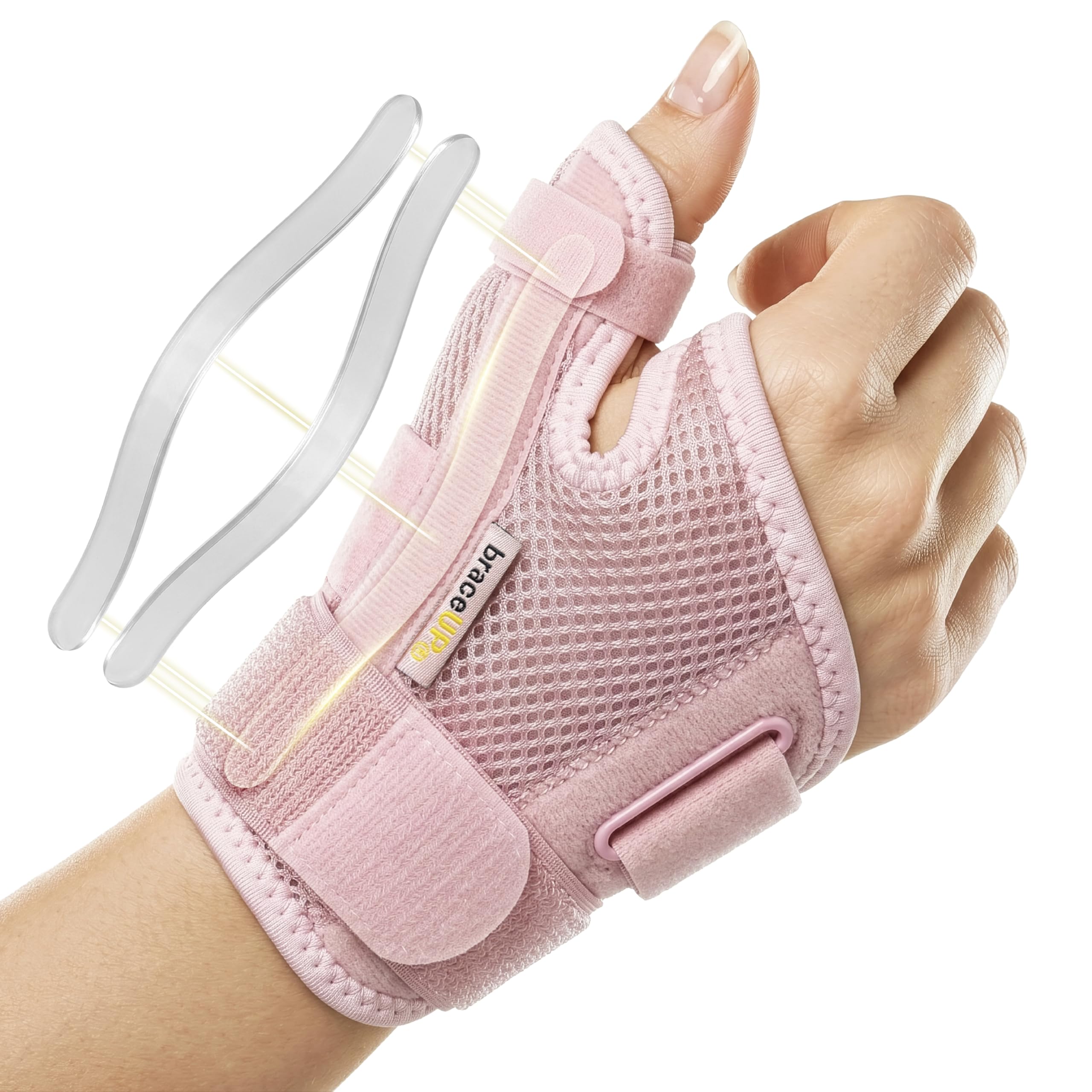 BraceUP empaque frontal mostrando férula rosa y beneficios de soporte