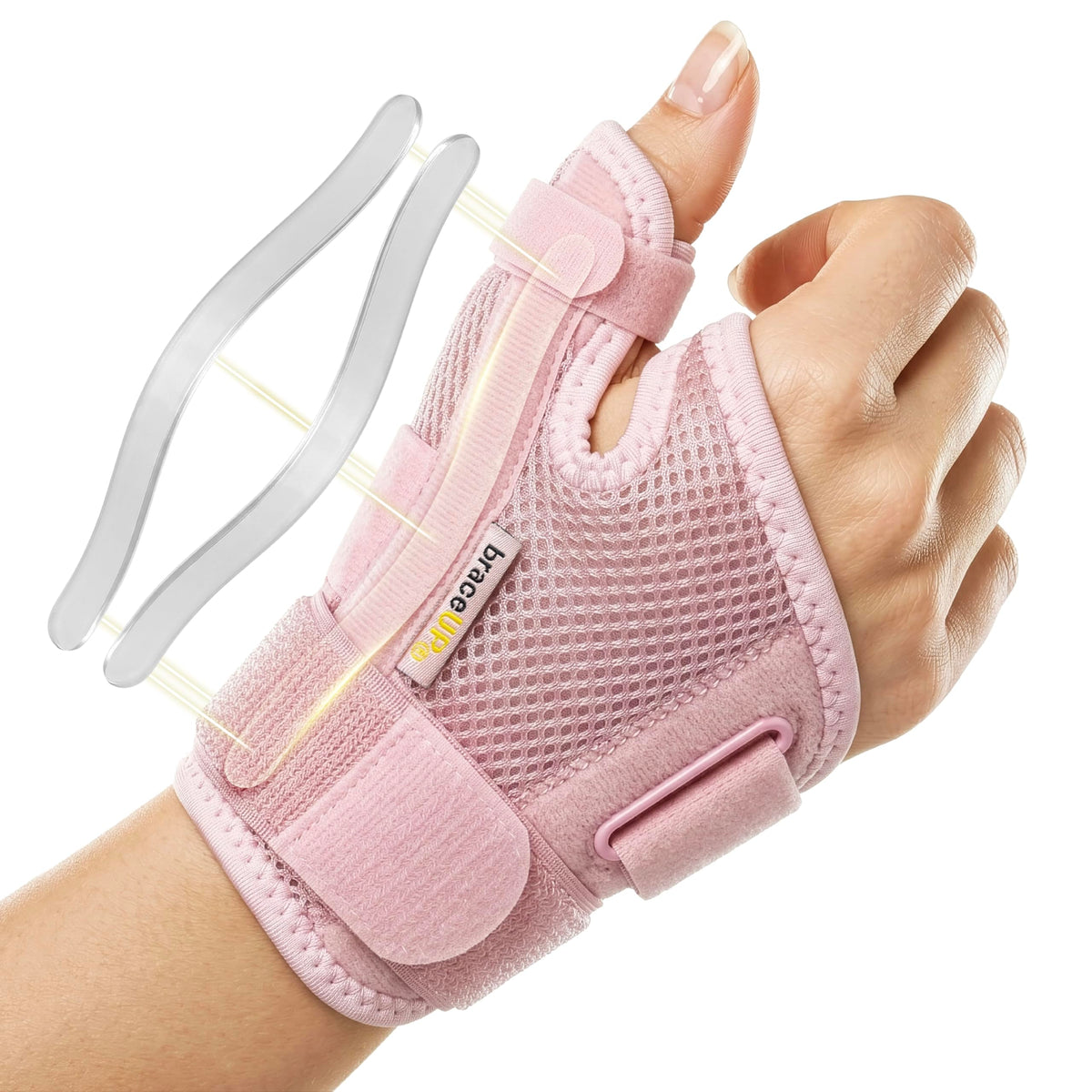 BraceUP empaque frontal mostrando férula rosa y beneficios de soporte
