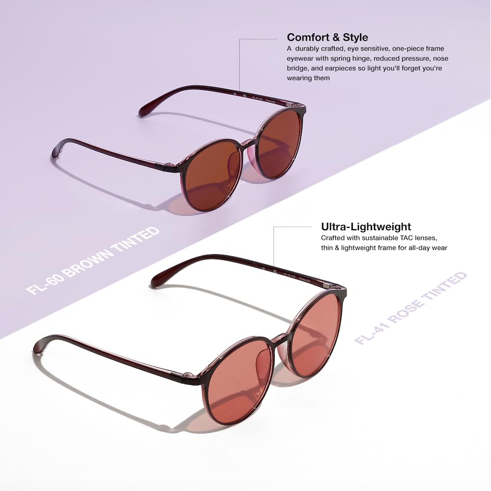 BRADDELL OPTICS detalle de lentes FL-41 rosado y FL-60 marrón antideslumbrante