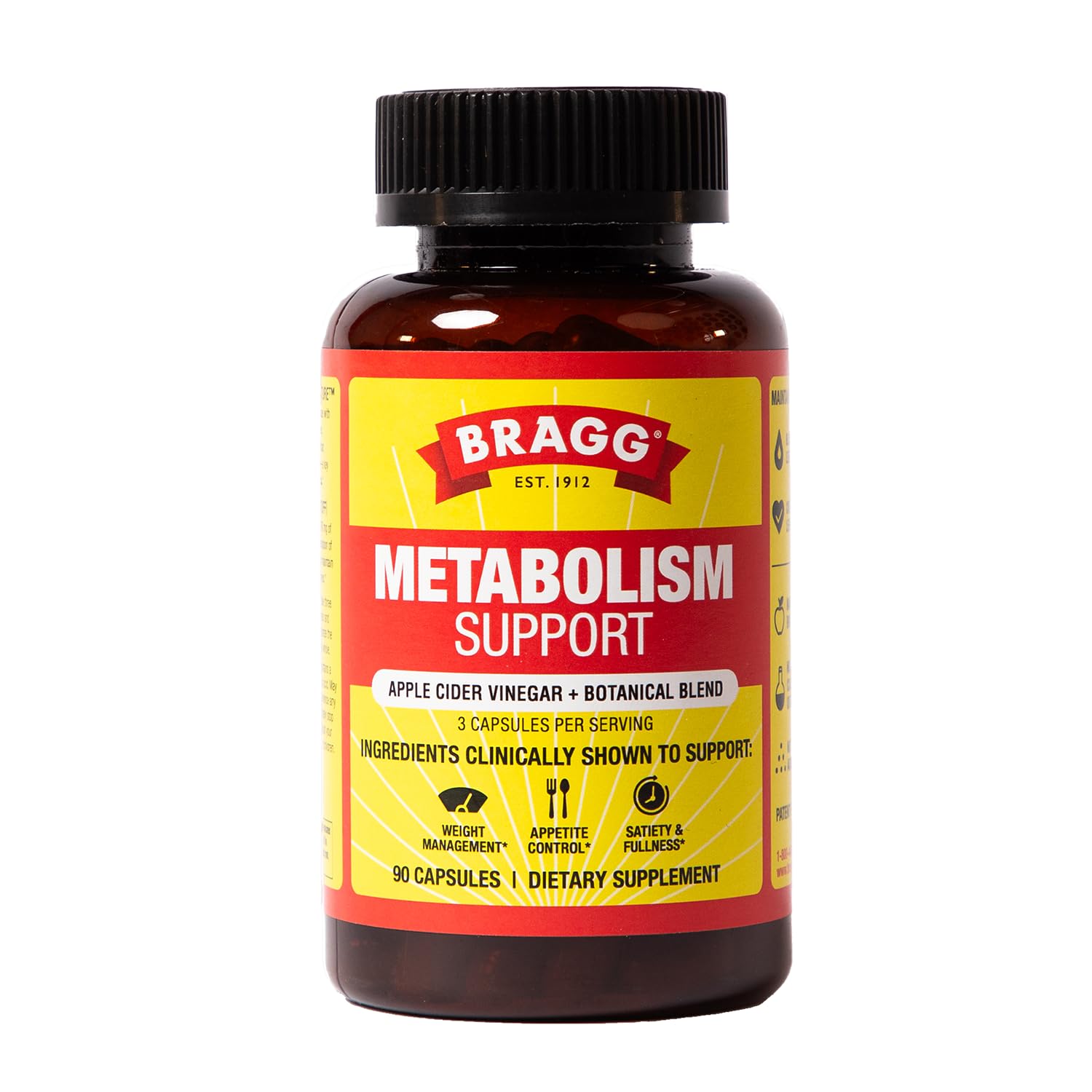 Frasco Bragg Metabolism 90 cápsulas mostrando diseño y uso fácil