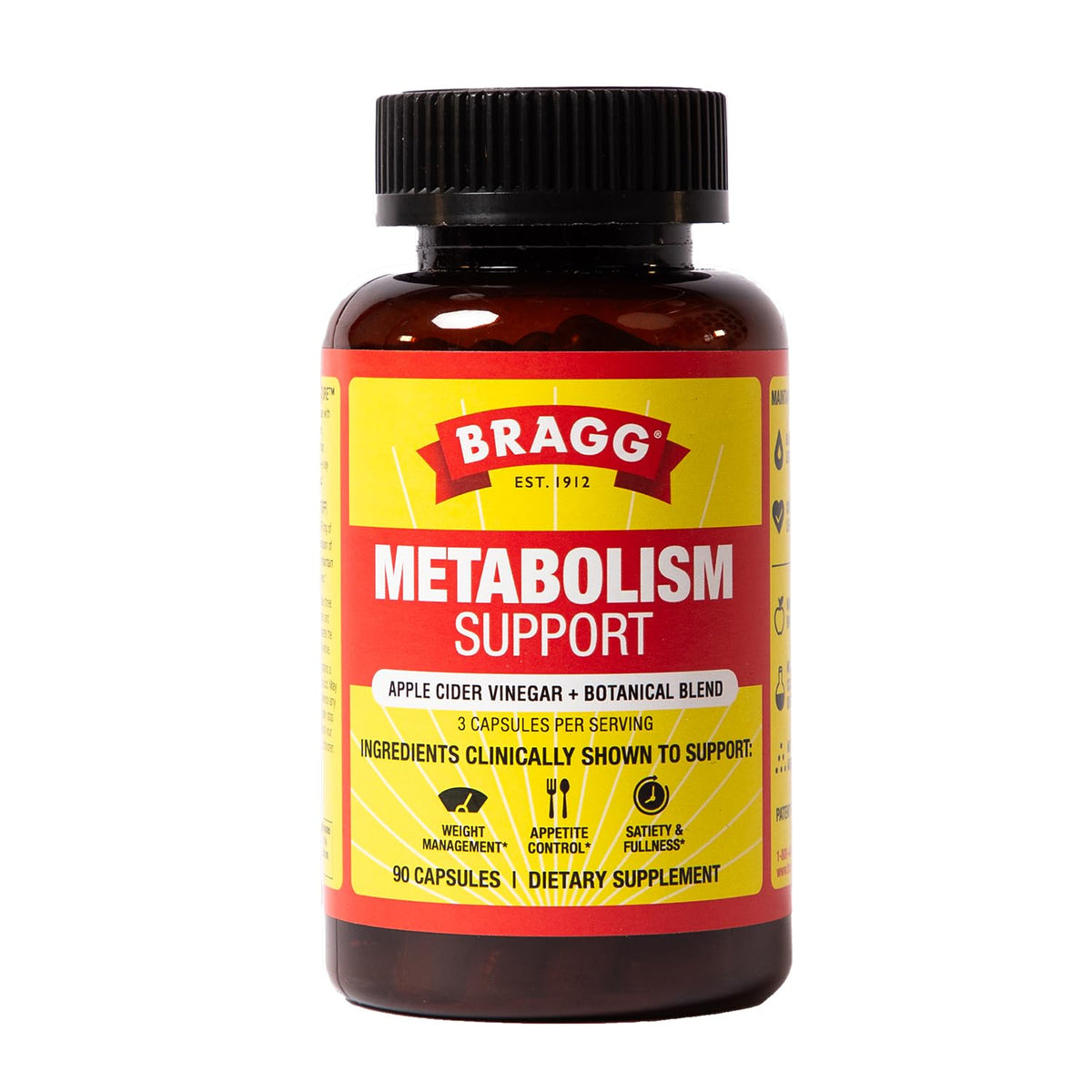 Frasco Bragg Metabolism 90 cápsulas mostrando diseño y uso fácil