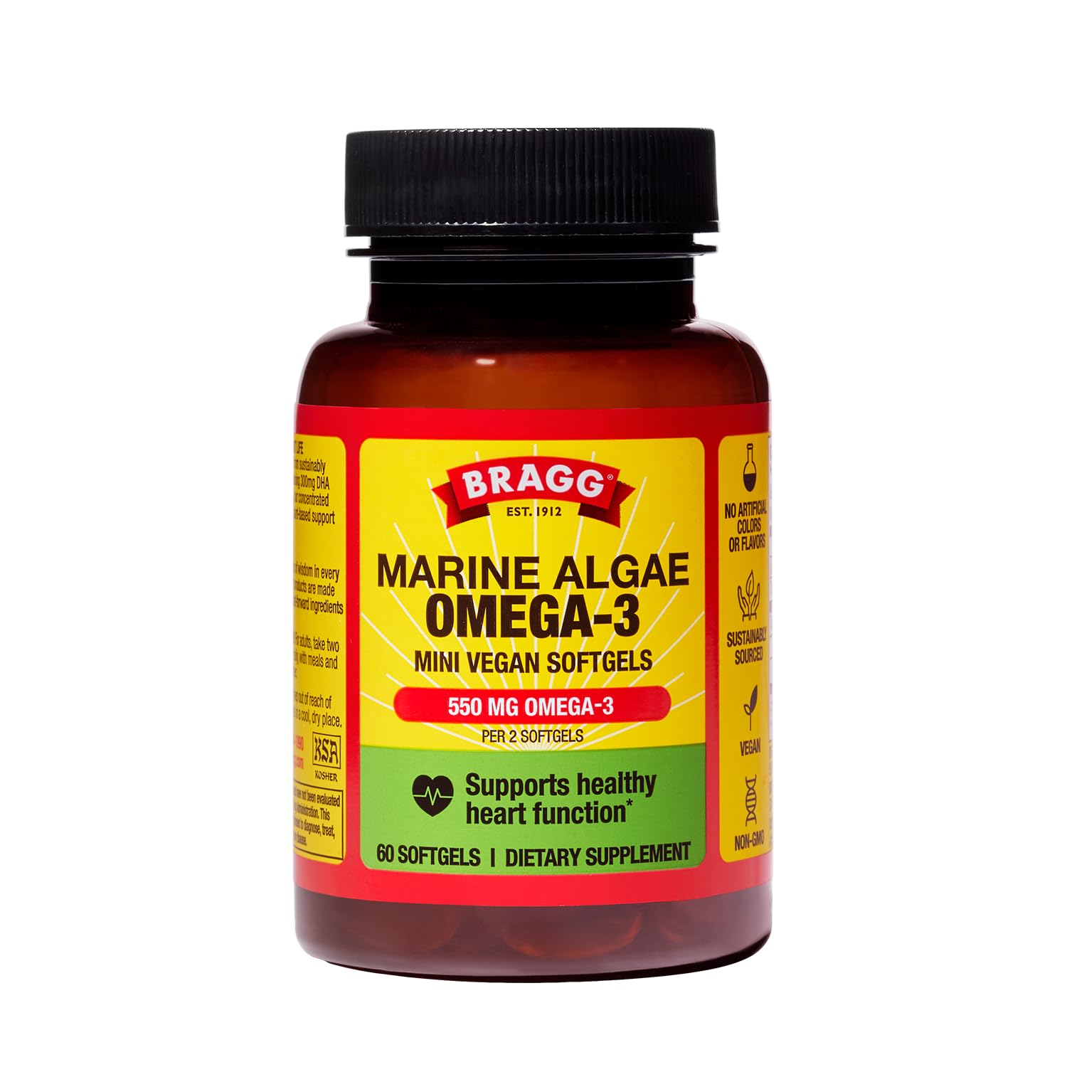 Bragg envase frontal mostrando 90 softgels y beneficio de conveniencia