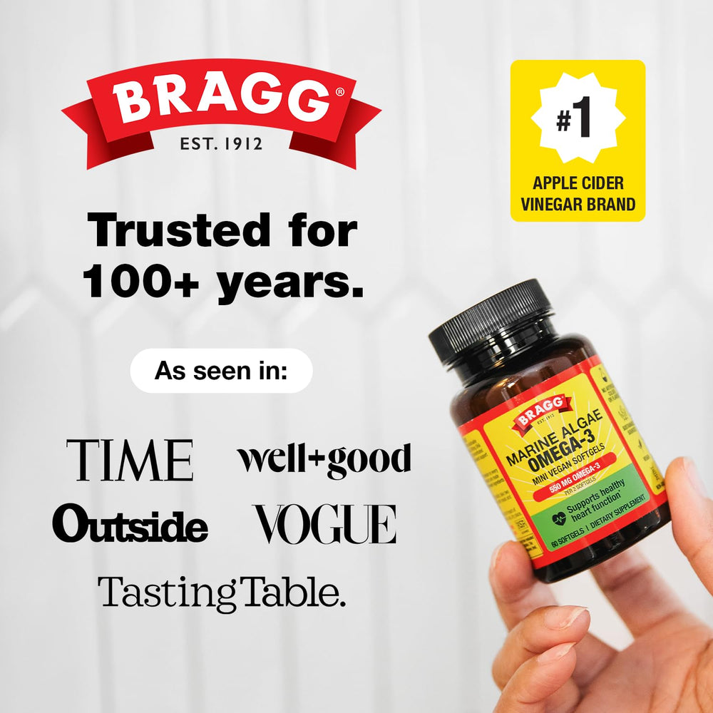 Bragg cápsula junto a frutas ilustrando apoyo a dieta equilibrada