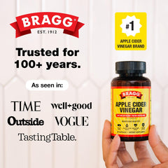 Bragg producto en mesa de cocina con alimentos, beneficio de integración diaria
