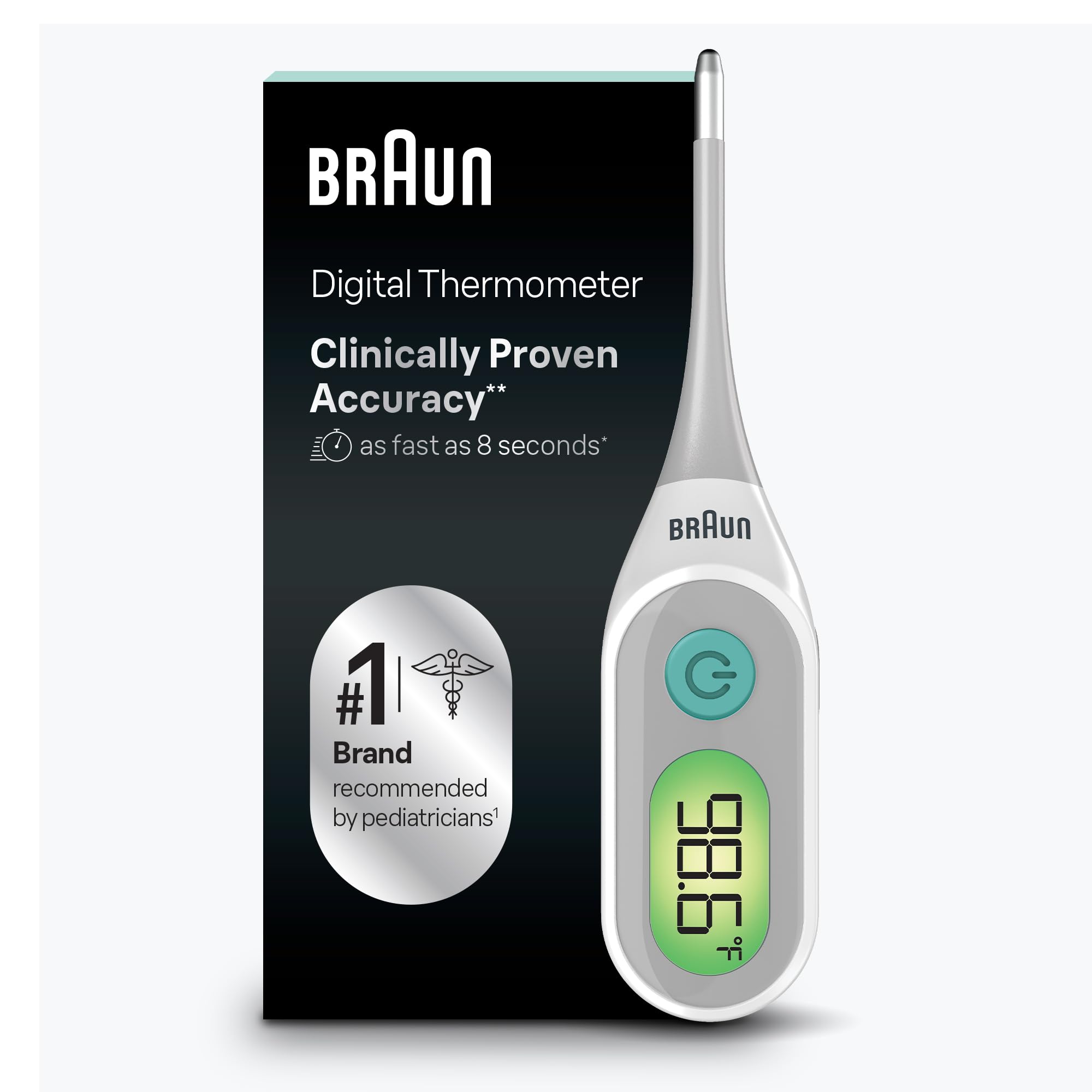 Braun termómetro frontal mostrando diseño compacto y facilidad de uso