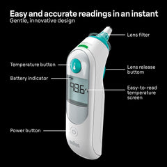 Termómetro Braun ThermoScan 5 en mano demostrando uso seguro con bebés