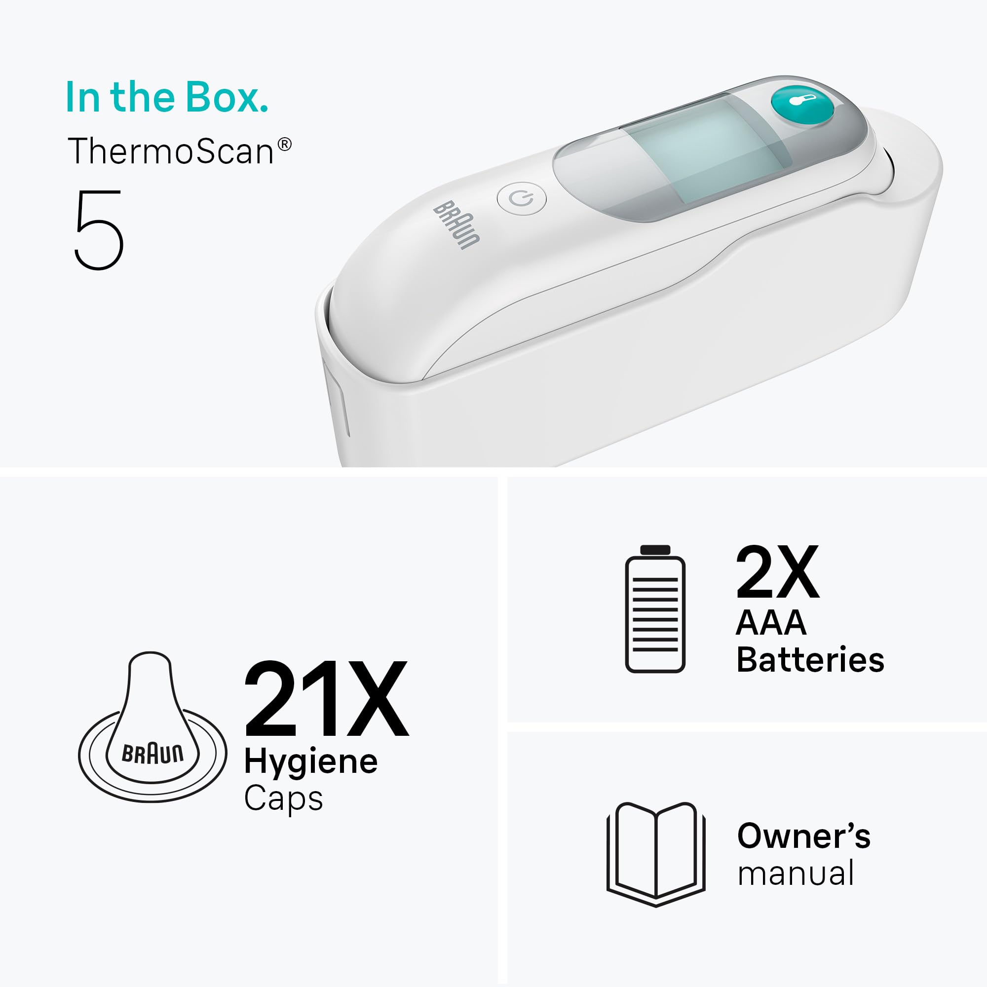 Comparación de tamaño del Braun ThermoScan 5 junto a una mano para escala