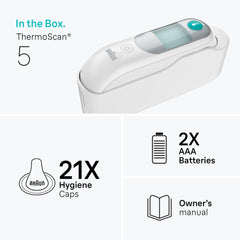 Comparación de tamaño del Braun ThermoScan 5 junto a una mano para escala