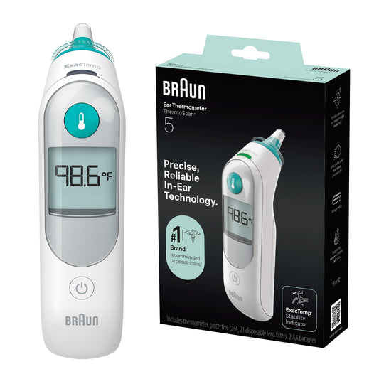 Braun ThermoScan 5 frontal mostrando diseño ergonómico y fácil agarre