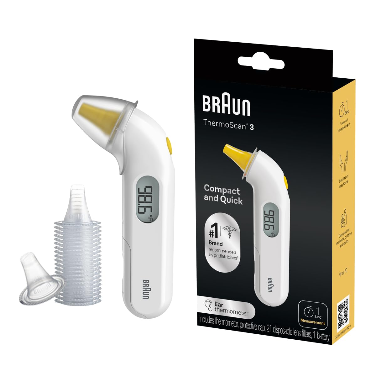 Braun ThermoScan 3 frontal mostrando diseño compacto y facilidad de uso