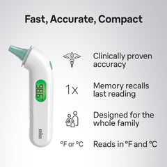 Braun ThermoScan 4 en mano mostrando tamaño portátil y manejo cómodo