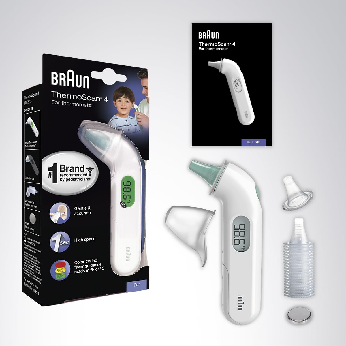 Braun ThermoScan 4 contenido de caja con fundas y batería incluidas