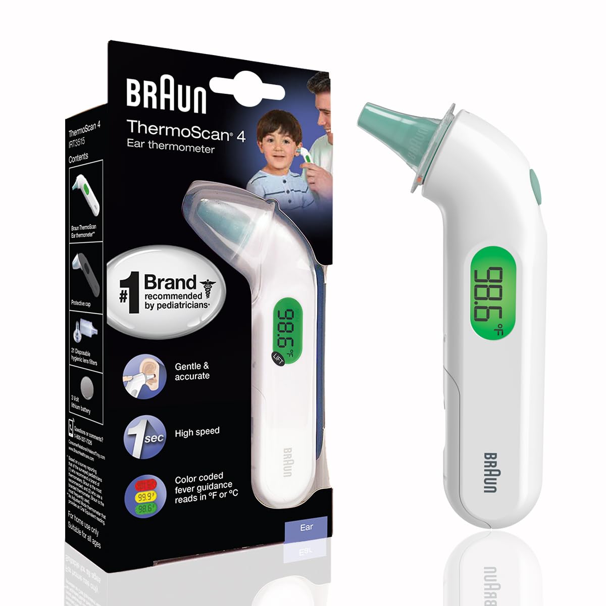Braun ThermoScan 4 frontal mostrando diseño compacto y lectura rápida