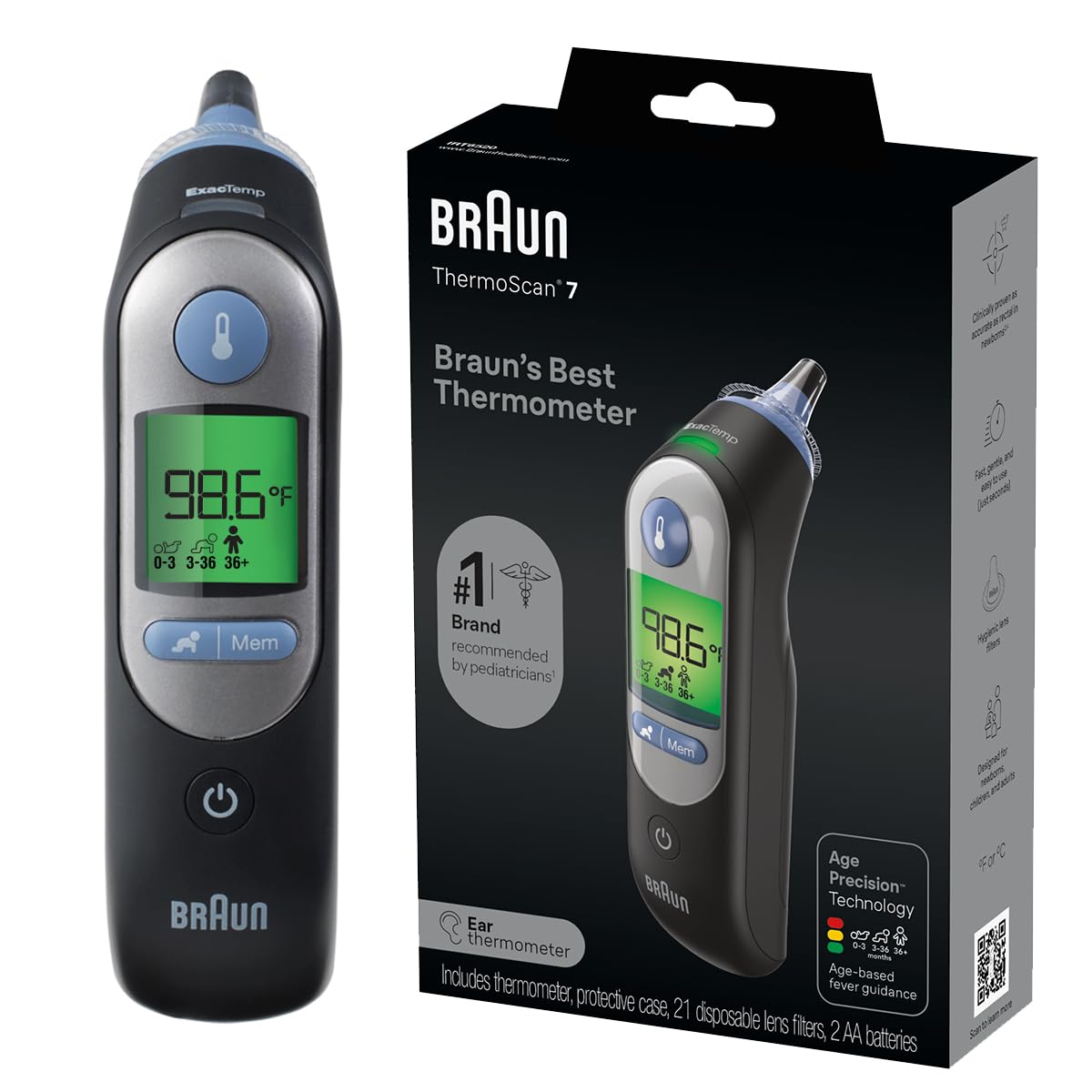 Braun ThermoScan 7 frontal mostrando diseño ergonómico y uso fácil