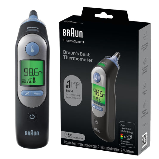 Braun ThermoScan 7 frontal mostrando diseño ergonómico y uso fácil
