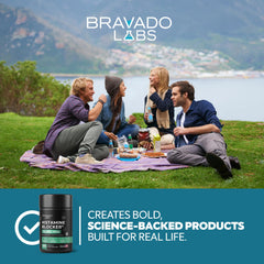Primer plano etiqueta Bravado Labs con ingredientes y respaldo GMP
