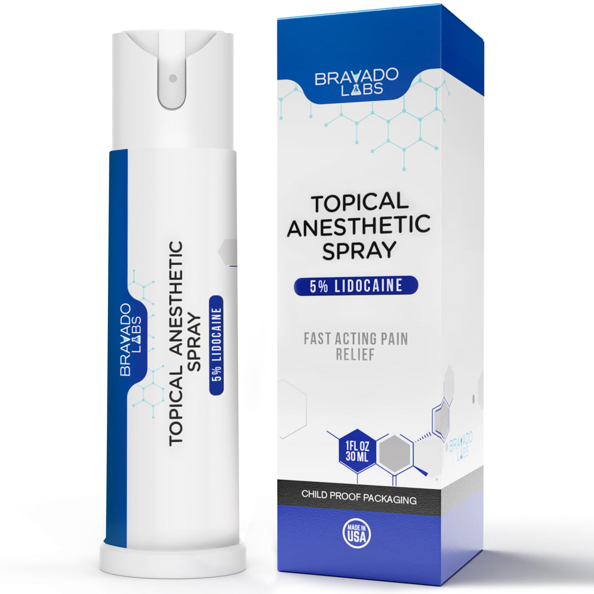 Bravado Labs botella frontal mostrando etiqueta y beneficio alivio rápido