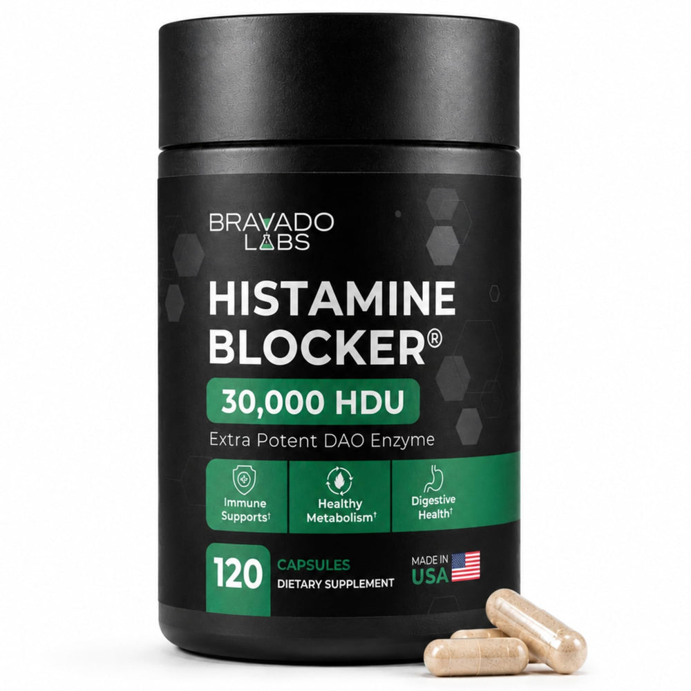 Bravado Labs envase frontal mostrando 30,000 HDU y beneficio digestivo