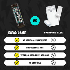 Breath Death etiqueta con ingredientes, fórmula dental y transparencia
