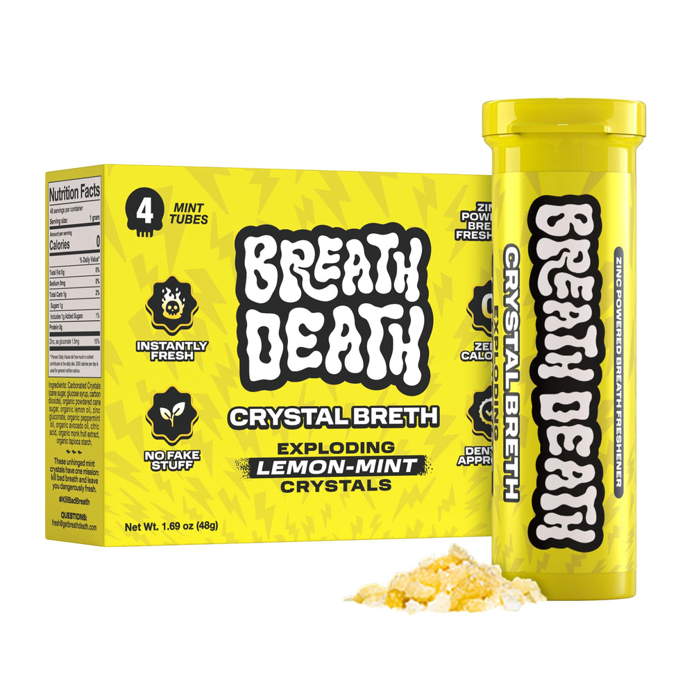 Breath Death tubo frontal mostrando etiqueta clara y diseño compacto
