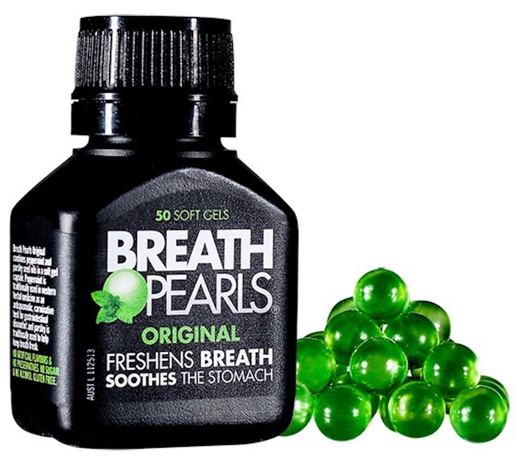 Breath Pearls frasco frontal mostrando diseño y cantidad para llevar