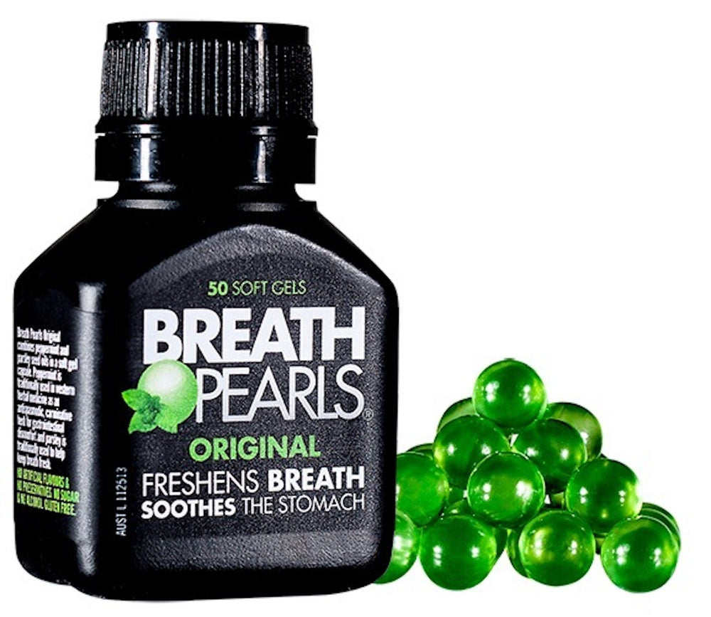 Breath Pearls frasco frontal mostrando diseño y cantidad para llevar
