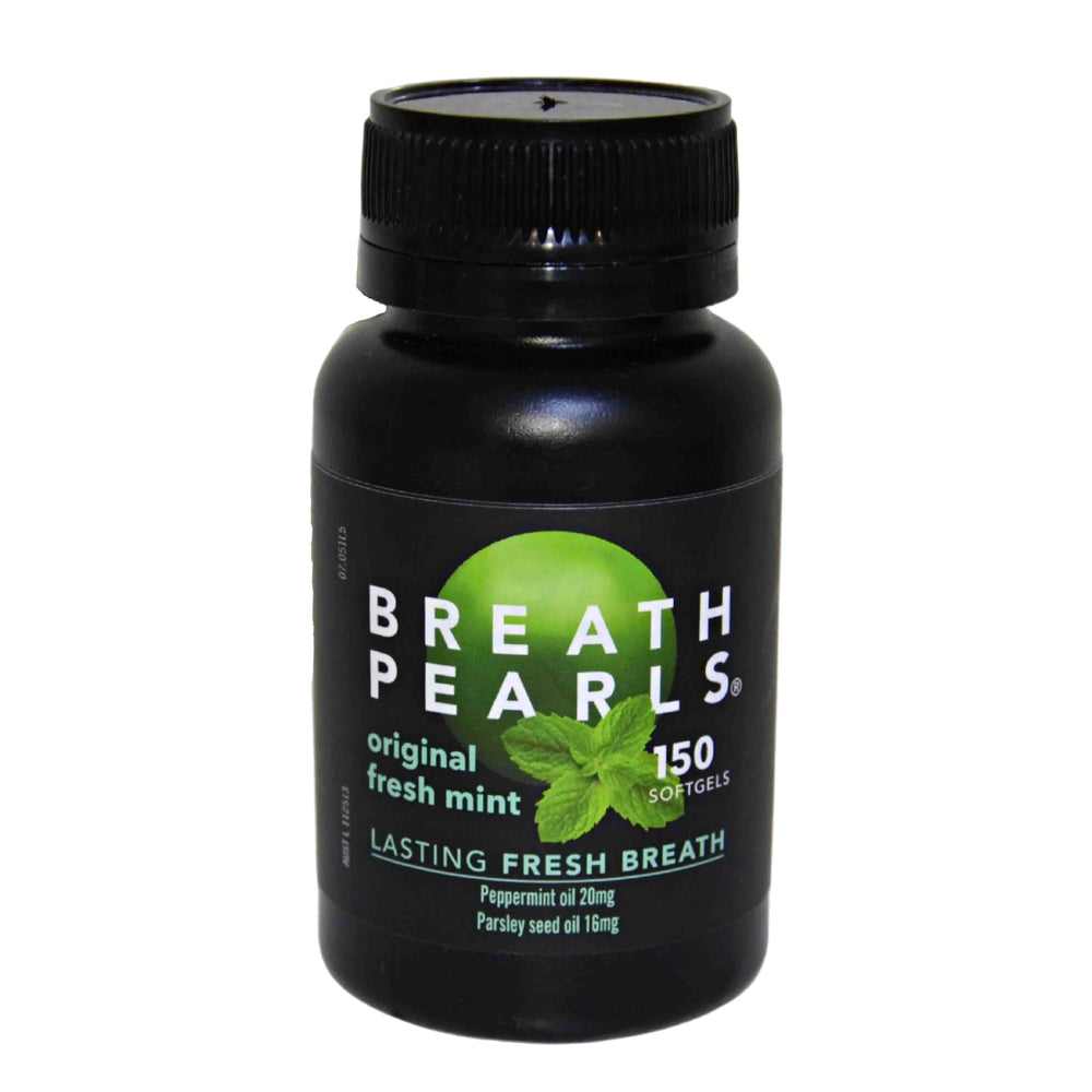 Breath Pearls envase frontal mostrando 150 cápsulas y beneficio frescura prolongada