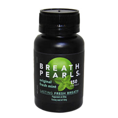 Breath Pearls envase frontal mostrando 150 cápsulas y beneficio frescura prolongada