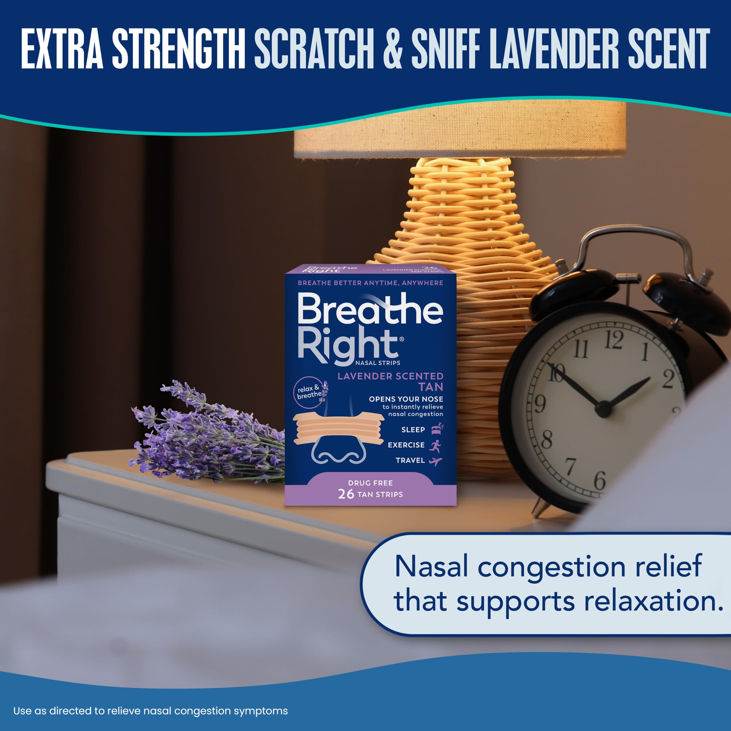 Breathe Right ambiente de dormitorio con lavanda, sugiere sueño más tranquilo