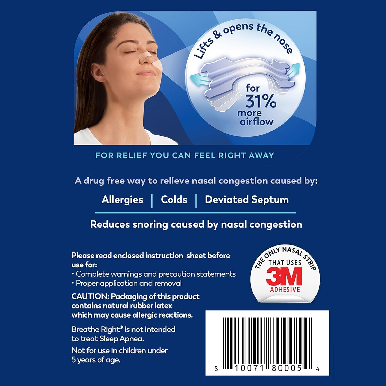 Breathe Right interior de caja con 30 tiras demostrando suministro prolongado