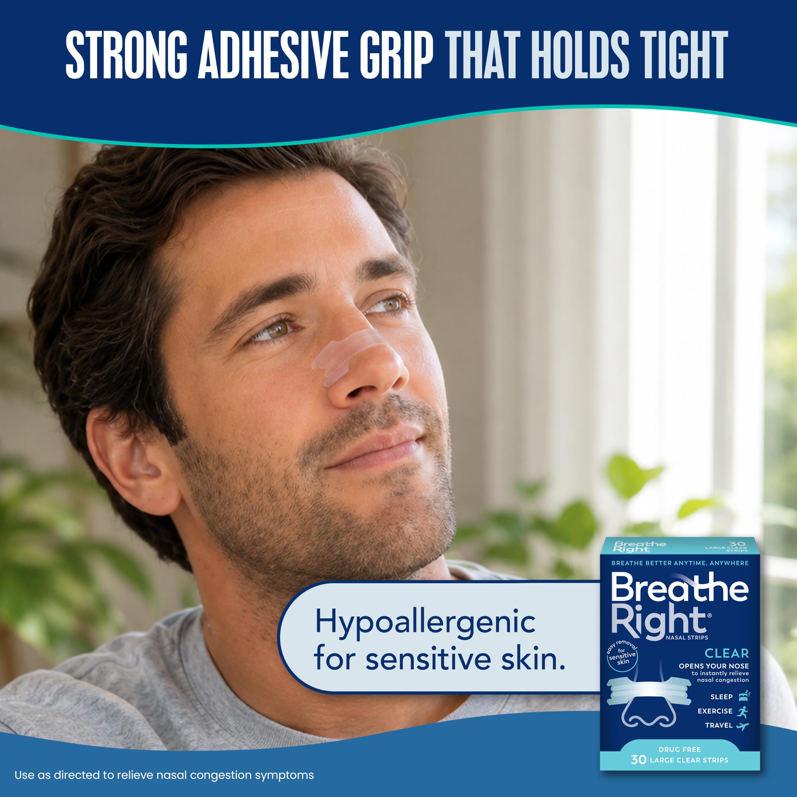 Breathe Right persona descansando con tira nasal para respiración más cómoda