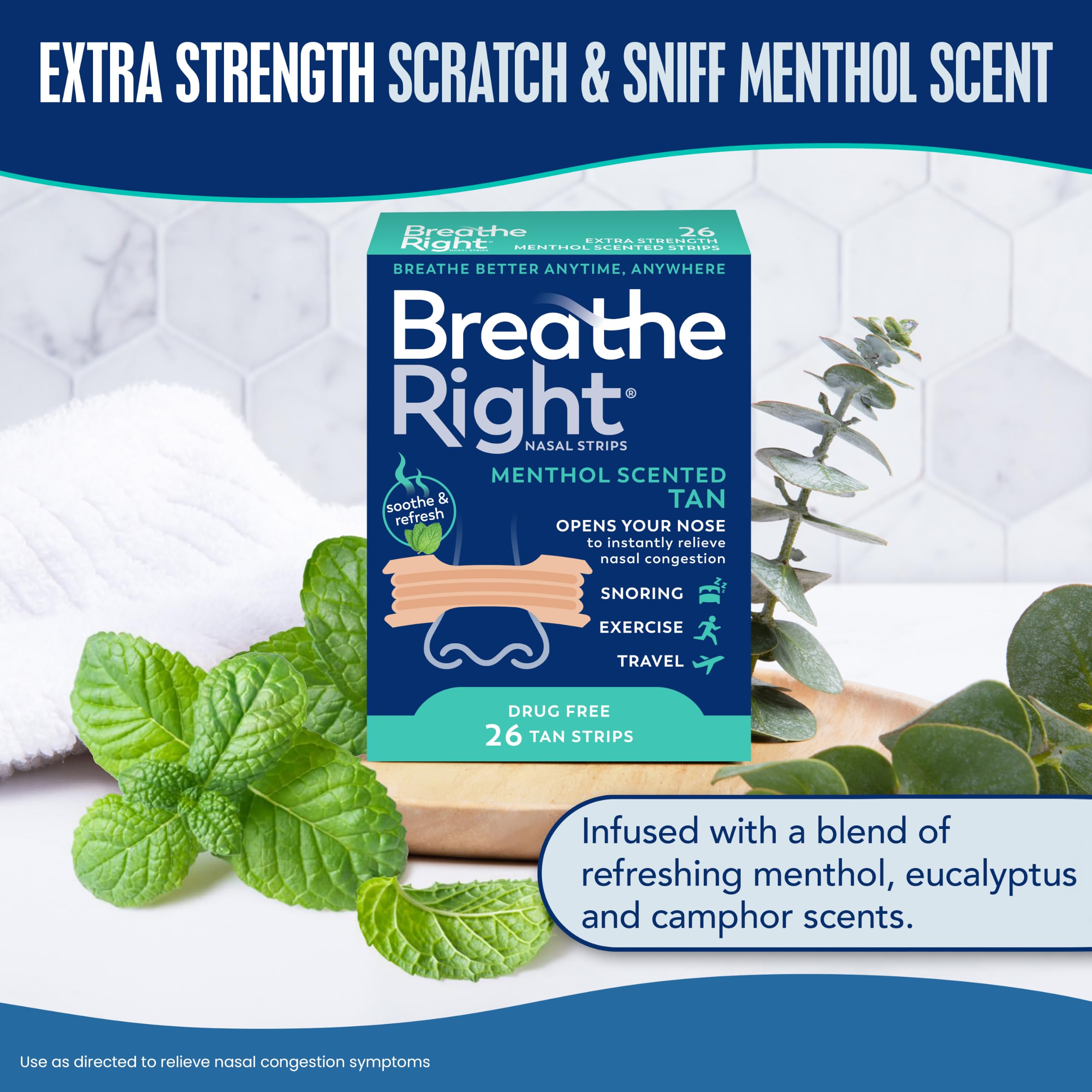 Breathe Right etiqueta con mentol y eucalipto, indica liberación refrescante