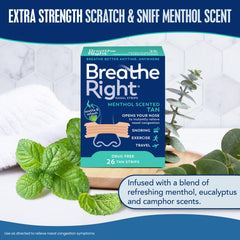 Breathe Right etiqueta con mentol y eucalipto, indica liberación refrescante