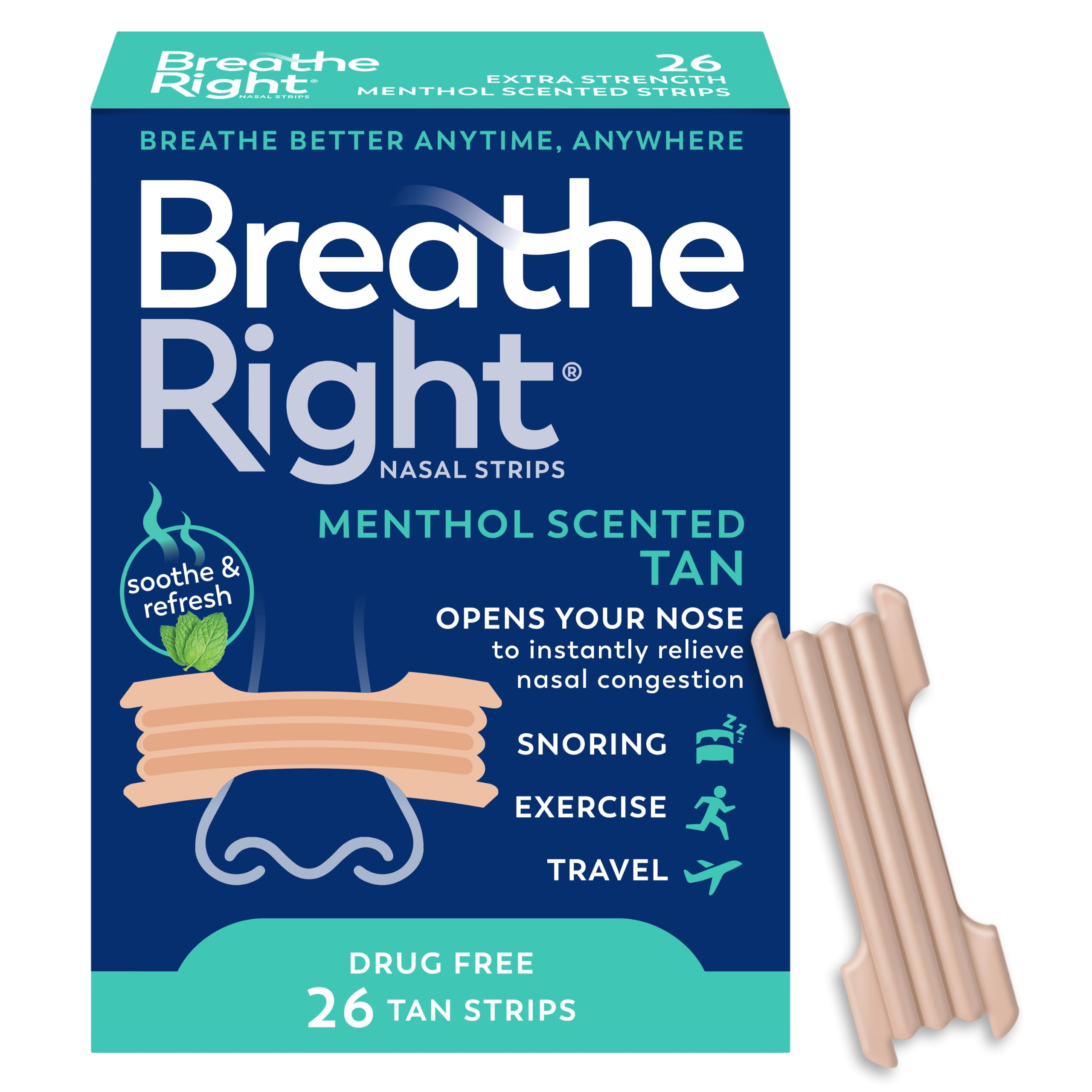Breathe Right empaque frontal color tan mostrando 26 tiras, facilita elección